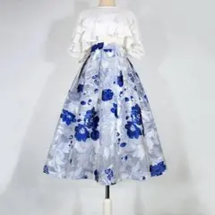 【ManusMachina】紺青色の花柄刺繍ヘップバーンスカート M