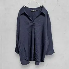 t2022【ユニクロ】レーヨンスキッパーブラウス　七分袖　ネイビー　レディース