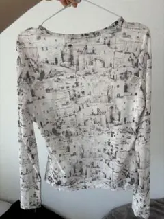 建物の風景プリント シアー長袖Tシャツ　カットソー