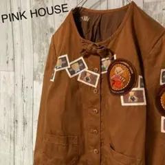 pink house ピンクハウス ノーカラージャケット 肩パッド ワッペン L