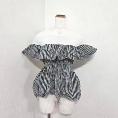 Narcissus　ギンガムチェックフリルチュニック　メッシュ（M）白黒