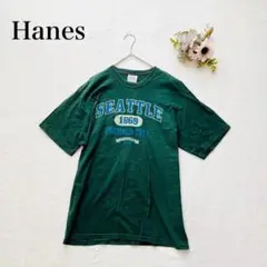 【ヘインズ】クルーネックTシャツ（Ｍ）英字ロゴ 半袖 緑 カジュアル メンズ