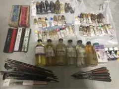 【ジャンク品】油絵 セット 油絵具 高級筆 オイル ナイフ 木炭