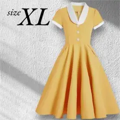 レディース ワンピース Aライン 黄色 XL 膝丈 レトロワンピース ドレス