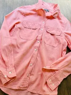 GAP オレンジ系 長袖コットンシャツ　ダブルポケットグリーンステッチ　サーモン