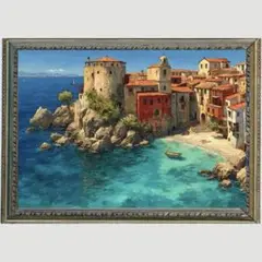 Ｐ1252 「シチリア島の海辺の街並み アート絵画」