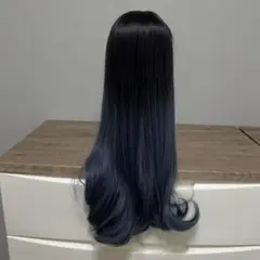 グラデーション ロングウィッグ かつら 前髪あり ブラック×ブルーグレー