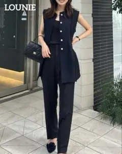 美品☆ ルーニィ　ツイードロングジレ　ネイビー　パールボタン　38 洗える