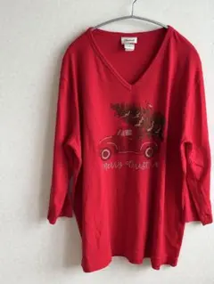 美品　クリスマス トラック刺繍 レッドTシャツ 1X 【LLサイズ】　男女兼用