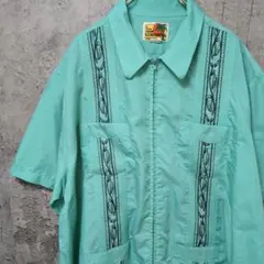 ビンテージ　キューバシャツ　ミントグリーン 刺繍入りジップアップ　3XL