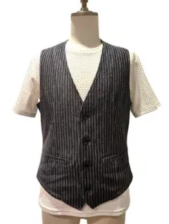美品【定価17380円】ハイストリート　高級ストライプ綿麻ジレ　ベスト