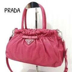美品✨ PRADA ハンドバッグ ショルダー 2way 三角ロゴ リボン ピンク