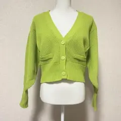 【美品】ライムグリーン【未使用】ボタン付きカーディガン　レディース　長袖　ボレロ