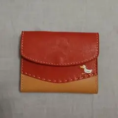 ハンドメイド レザー製ミニ財布 レッド ベージュ アヒル刺繍