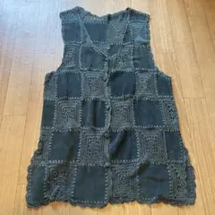 レザー　鍵編み　パッチワーク　ベスト　本革　レトロ　vintage