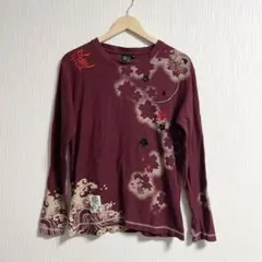 メンズ　波達　和柄　桜　刺繍　M エンジ