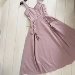 タグ付き　リボン編み上げワンピース　くすみピンク