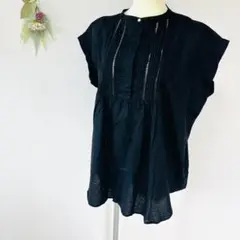 【ナチュラルクチュール】ヨークピンタック×レースコットンチュニックF　黒ブラック