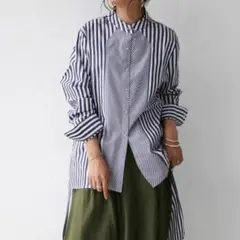 アンティカ　切り替えデザインバンドカラー前後差ストライプシャツ　ブラック