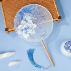 高級団扇　うちわ　両面刺繍　シルク素材　上品手芸　中国伝統刺繍　青花瓷