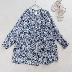 【H&M】綿100％ フラワープリントブラウス 白×ブルー ゆったり38