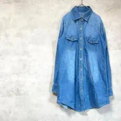 デニムシャツ　ユニセックス　青　オーバーサイズ　ジーンズ　バックギャザー　春夏
