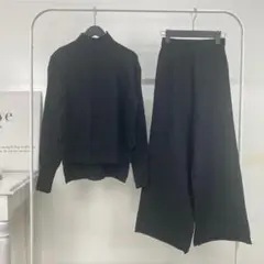 セットアップ レディース ワイドパンツ ２点セット 体型カバー 黒 ニット素材