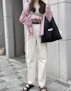 GRL 配色ステッチハイウエストストレートパンツ gm296 アイボリー