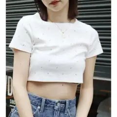 EVRIS ラインストーンコンパクトTシャツ