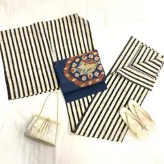 【2275】着物 紬 単衣 正絹 縦縞 生成×黒 単品販売♪