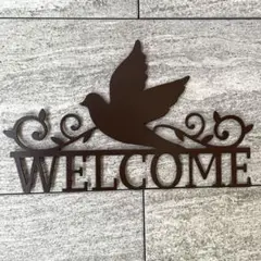 アイアン バード 鳥 Welcome 壁掛け 茶系 アートパネル プレート