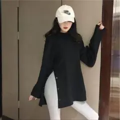 黒　M　長袖　サイドスリット　Tカットソー　シャツ　黒　シンプル　ボタン付き