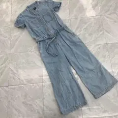 GAP デニムオールインワン 半袖 ウエストリボン付き フロントポケット XL