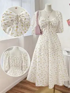 花柄パフスリーブロングワンピース 大きいサイズ 夏服