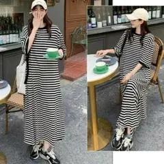 オーバーサイズ　Tシャツワンピース　ボーダー　サイドスリット