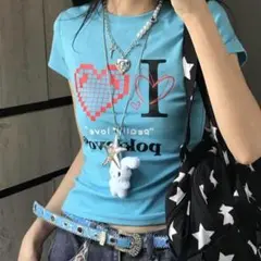 I♡ ブルー y2k ピチt ロゴ 00s くびれ tシャツ ギャル 平成