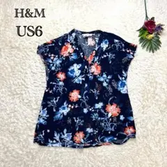 H&M　フレンチスリーブブラウス　和柄　Ｖネック　カジュアル　US6　ネイビー