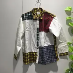 【ラパリオ】マルチチェック切替 長袖 シャツ 白×赤×黄×青 カラフル