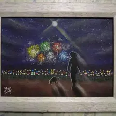 【匿名配送】絵画　「花火大会」　2Lサイズ額つき。