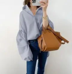 V ネック 九分袖 スキッパーシャツ チュニック L