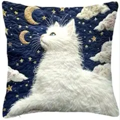 白い猫と月の刺繍クッション①