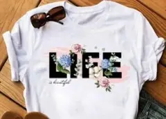 【高見え】レディース　シンプル　LIFE　英文字　ＸＬ　ホワイト