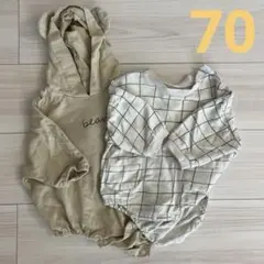 70cmロンパース2点セット　くま耳　チェック