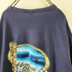 US古着大きめハワイビーチイラストロゴプリントTシャツ紺ネイビーXL相当