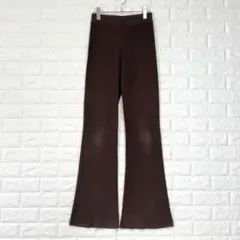 マウジー【1】茶色 フレア ニットパンツ リブ編み ストレッチ 秋冬
