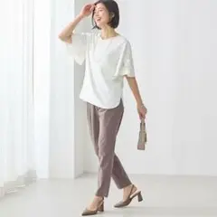 ベルメゾン夏のリネン混 ・座(THE)パンツ モカカーキストライプ S