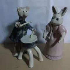 ウサギ　と　クマのドラム演奏　置物