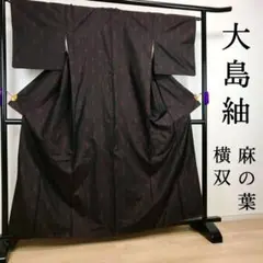 ZF357 大島紬 麻の葉 横双 袷 広衿 正絹 黒色 高級 上質
