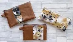 ハンドメイド　ミニポーチ　３点セット　ぎゅうぎゅう　柴犬　黒柴