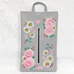 【トールペイント】ソフトパックティッシュカバー（グレーにピンクの薔薇）